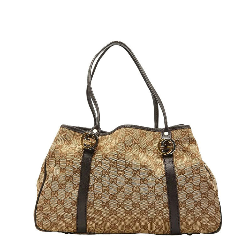 Gucci GG Canvas Shoulder Bag Tote Beige Cream Pink Leather
